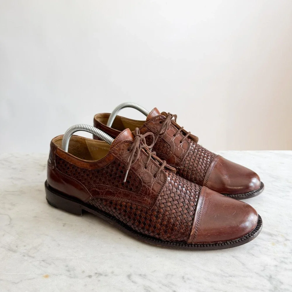 Johnston & Murphy vtg Brown‎ Woven Leather Oxford Shoes, Mens US 9.5M